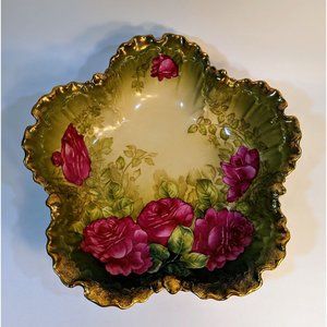 Antique Bavarian Green Bowl w Pink Roses and Gold Details Signed J Braun